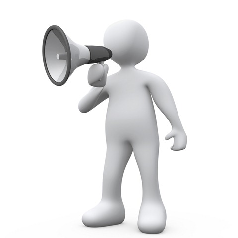 White 3D figure holding a megaphone, shouting or announcing loudly against a plain white background.