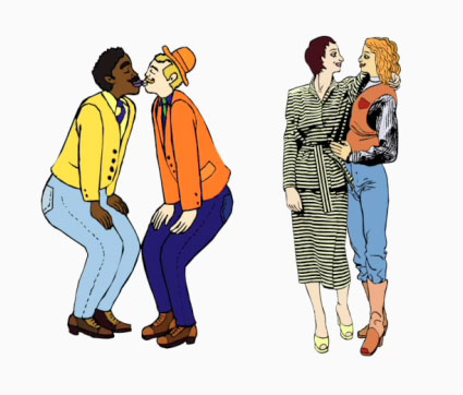 Four diverse people in vibrant 1970s-style outfits interacting playfully in pairs.