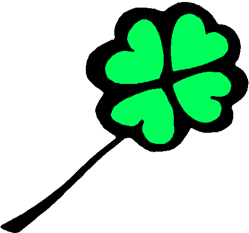 Bright green four-leaf clover with black outline and stem, symbolizing luck and St. Patrick’s Day.