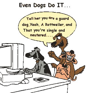 Two dogs at a computer desk; one types while the other boasts in a speech bubble about being a Rottweiler, single, and neutered.