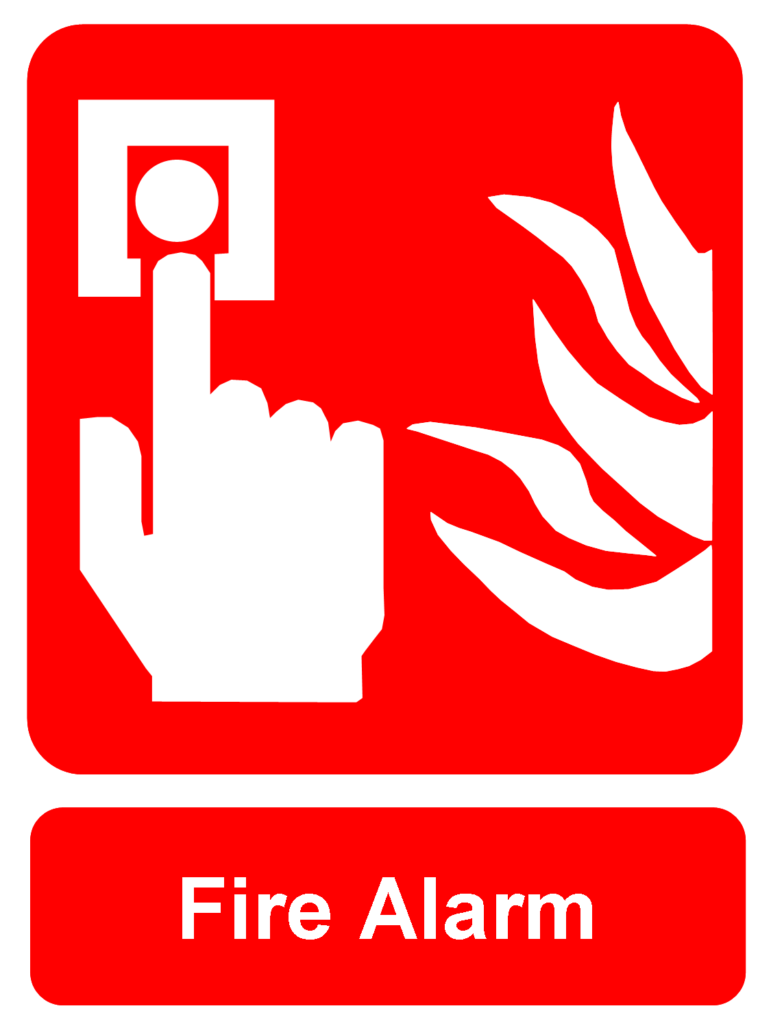 White hand pressing fire alarm button beside flame icon on red background, labeled "Fire Alarm"