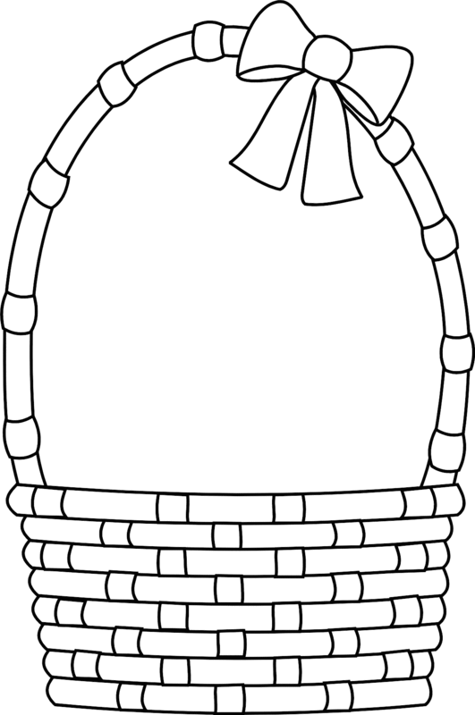 Empty wicker Easter basket with bow on handle, black-and-white line drawing.