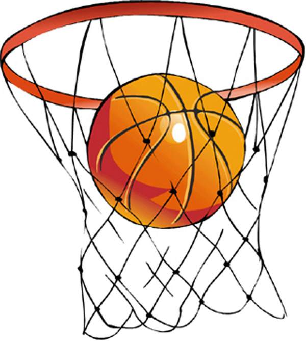Orange basketball passing through a hoop with net, illustrated in vibrant cartoon style.