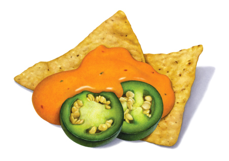 Tortilla chips topped with vibrant orange cheese sauce and fresh sliced jalapeños on a white background.