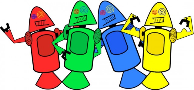 Four cheerful cartoon robots in red, green, blue, and yellow posing together with expressive faces and raised arms.