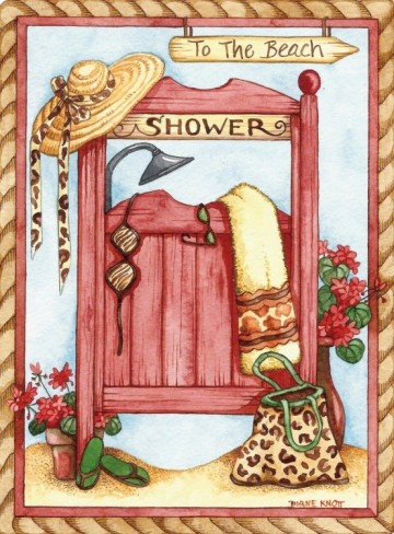 A whimsical beach-themed shower scene with a red wooden stall, straw hat, leopard-print bag, towel, and potted flowers.