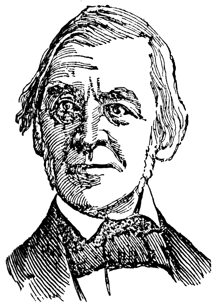 Black-and-white engraved portrait of a 19th-century man with receding hairline, prominent eyebrows, and formal attire including a bow tie.