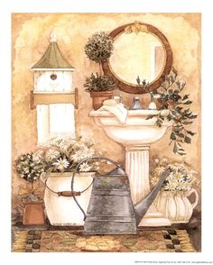 Rustic bathroom scene with pedestal sink, round mirror, birdhouse, watering can, and potted flowers in warm tones.