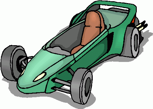 Green cartoon-style open-wheel race car with brown seat and exposed wheels, angled front-left view.