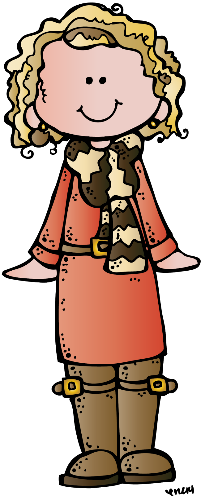 Smiling cartoon girl with curly blonde hair, wearing an orange dress, patterned scarf, and brown boots.