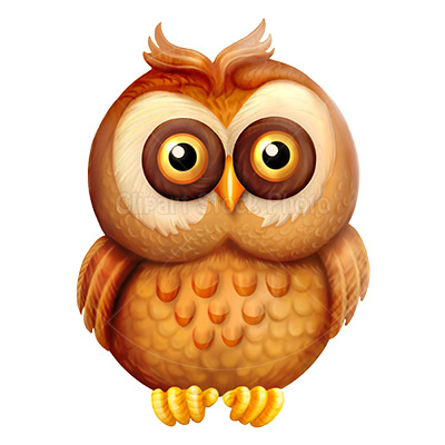 Cute cartoon owl with large brown eyes, fluffy feathers, and yellow talons on white background.