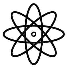 Black-and-white line drawing of a classic atomic model with nucleus and orbiting electrons.