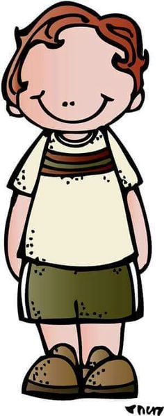 Smiling cartoon boy with curly red hair, wearing a striped shirt, green shorts, and brown shoes.