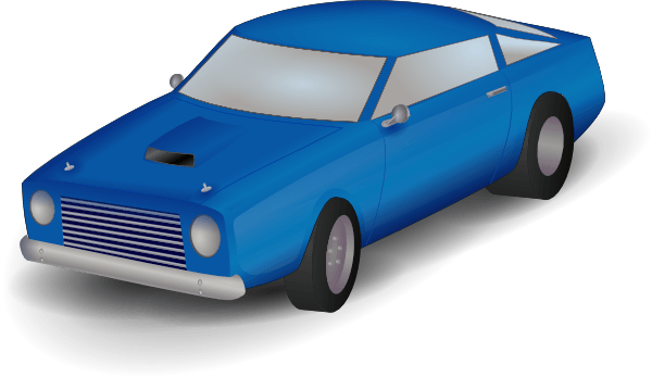 Blue classic muscle car with chrome grille and white-wall tires, shown in 3/4 front view on neutral background.