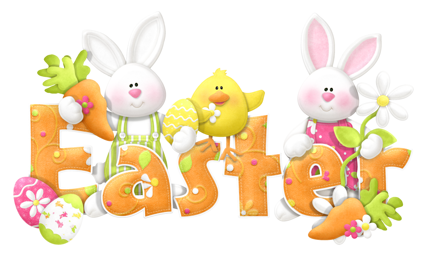 Festive Easter illustration with two bunnies, a chick, decorated eggs, carrots, and flowers spelling "Easter" in colorful felt-style letters.