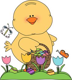 A cheerful yellow cartoon chick holding a basket of colorful Easter eggs, surrounded by tulips and butterflies.