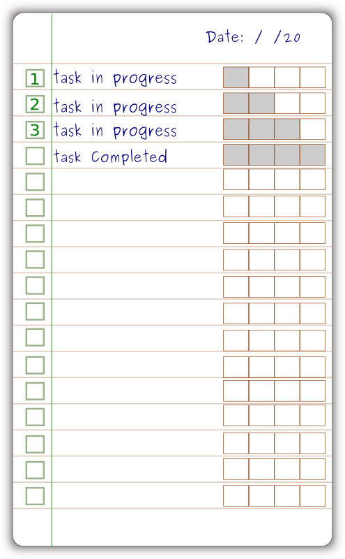Handwritten task tracker with progress bars showing three tasks in progress and one completed on lined paper.