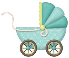 Vintage-style turquoise baby carriage with star-patterned fabric, scalloped canopy, and wooden wheels.
