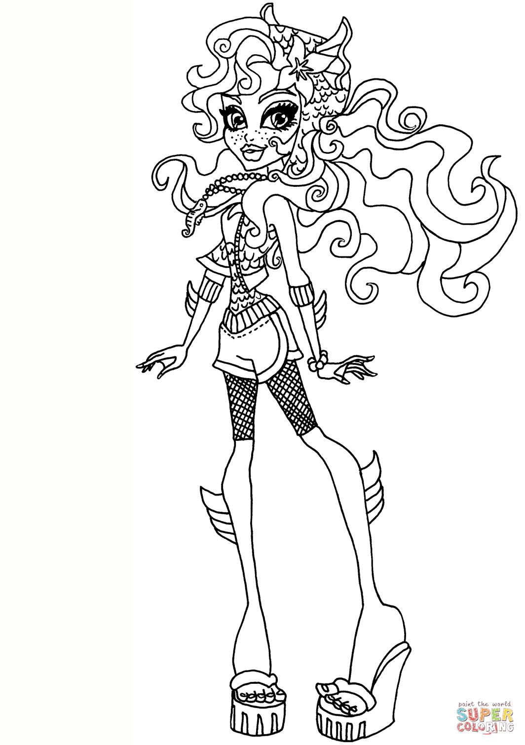 Monster High mermaid-themed character with flowing hair, fish-scale outfit, and seahorse accessories, ready for coloring.