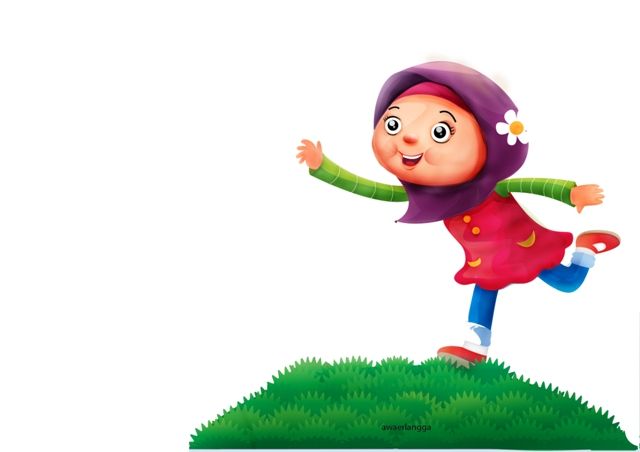 Joyful cartoon girl in purple hijab and red dress jumping on green grass with a flower in her hair.