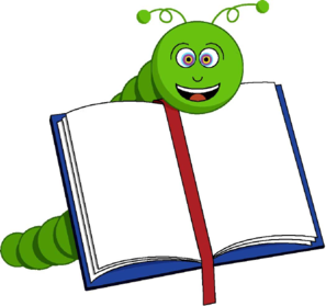 A cheerful green caterpillar with antennae peeks over an open blue book with a red bookmark, smiling warmly.