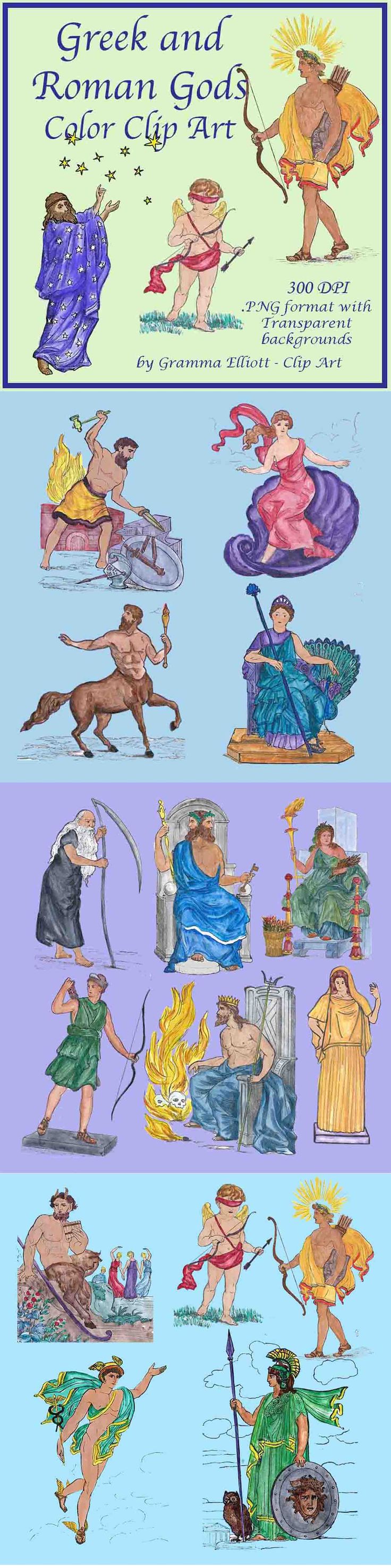 Collection of colorful Greek and Roman gods clip art illustrations including Zeus, Athena, Cupid, Apollo, and others in vibrant hand-drawn style.