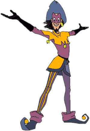 A cheerful animated jester in colorful medieval attire with a blue hat, yellow tunic, striped leggings, and oversized shoes, arms outstretched.