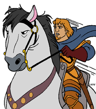 A knight in golden armor rides a white horse with ornate bridle and purple saddle, galloping forward with determination.