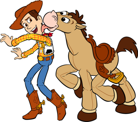 Woody the cowboy playfully dodges Bullseye the horse’s tongue in a cheerful cartoon scene.