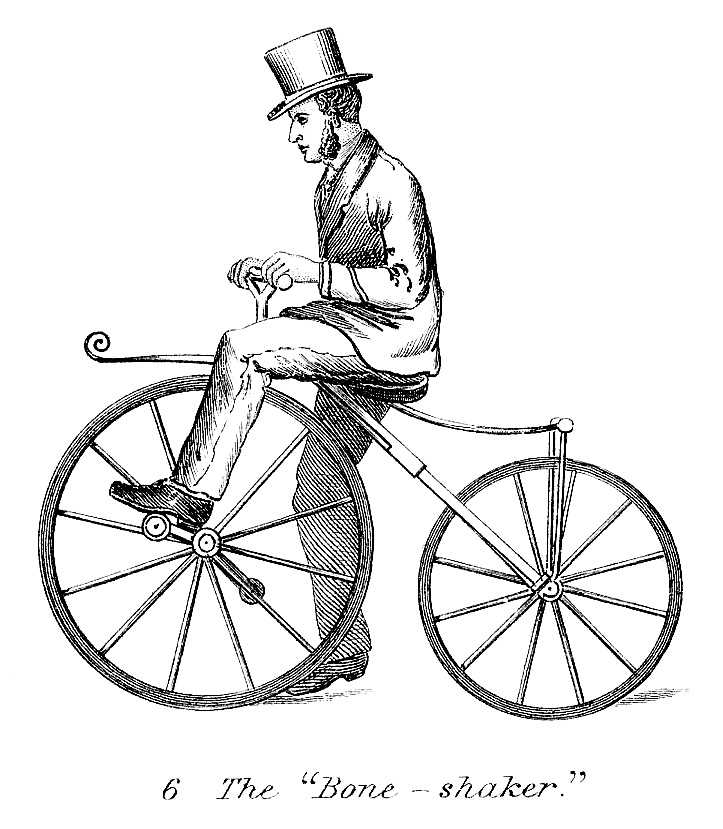 A 19th-century gentleman in a top hat rides a velocipede known as the "Bone-shaker," an early bicycle with large front wheel and iron tires.