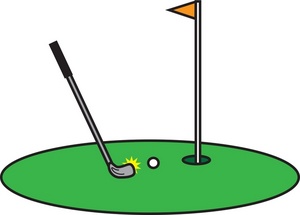 A cartoon-style golf scene showing a club striking a ball near the hole with an orange flag.