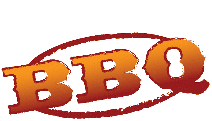 Bold orange "BBQ" text in distressed stamp-style font with red oval border.