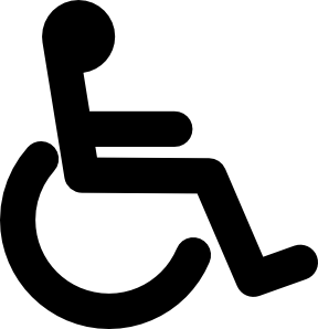 International Symbol of Access: black silhouette of a person in a wheelchair on white background.