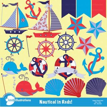 Nautical and beach clipart in reds, Coastal cliparts, AMB 