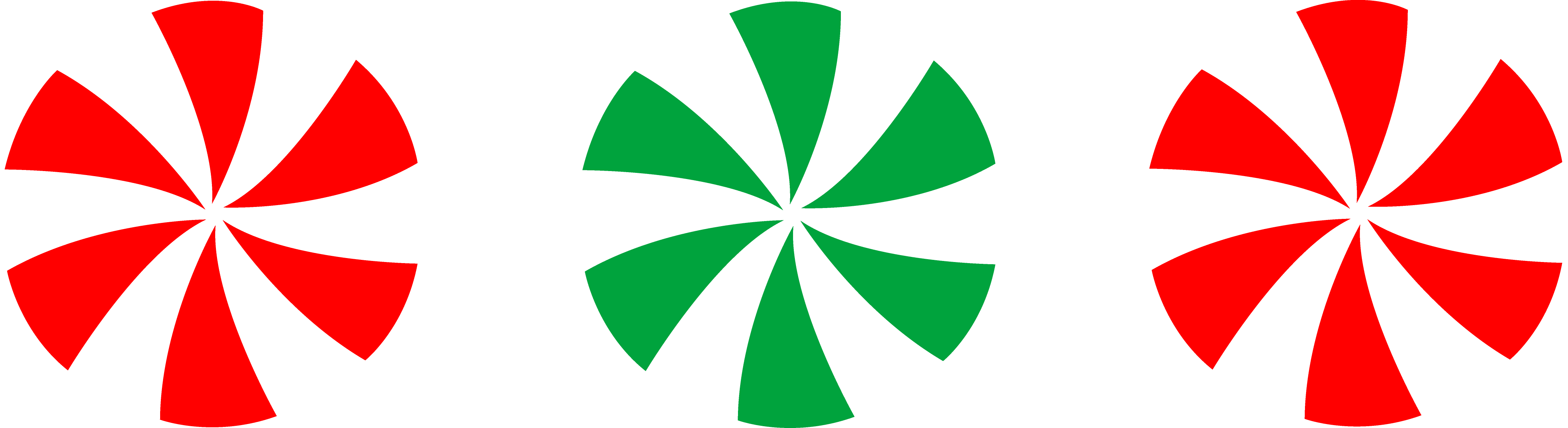Three peppermint candies-two red-and-white, one green-and-white-arranged horizontally on black background.