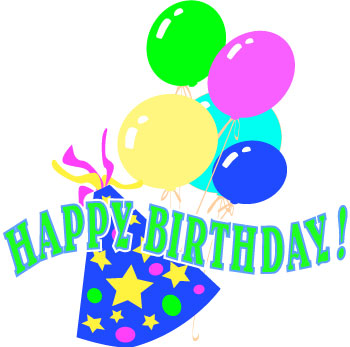 Colorful birthday balloons and party hat with "HAPPY BIRTHDAY!" text in vibrant green letters.