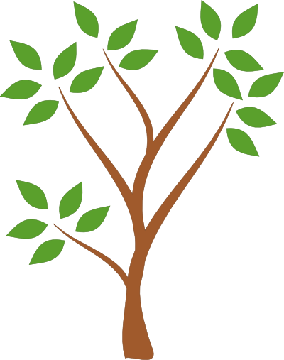 Stylized illustration of a young tree with brown trunk, branching limbs, and vibrant green leaves on white background.