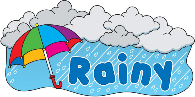 Colorful rainbow umbrella under gray rain clouds with falling raindrops and the word "Rainy" in blue letters.