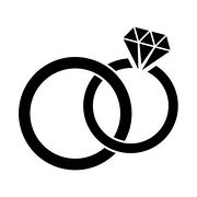 Two interlocked wedding bands with a diamond engagement ring on top, symbolizing marriage and commitment.