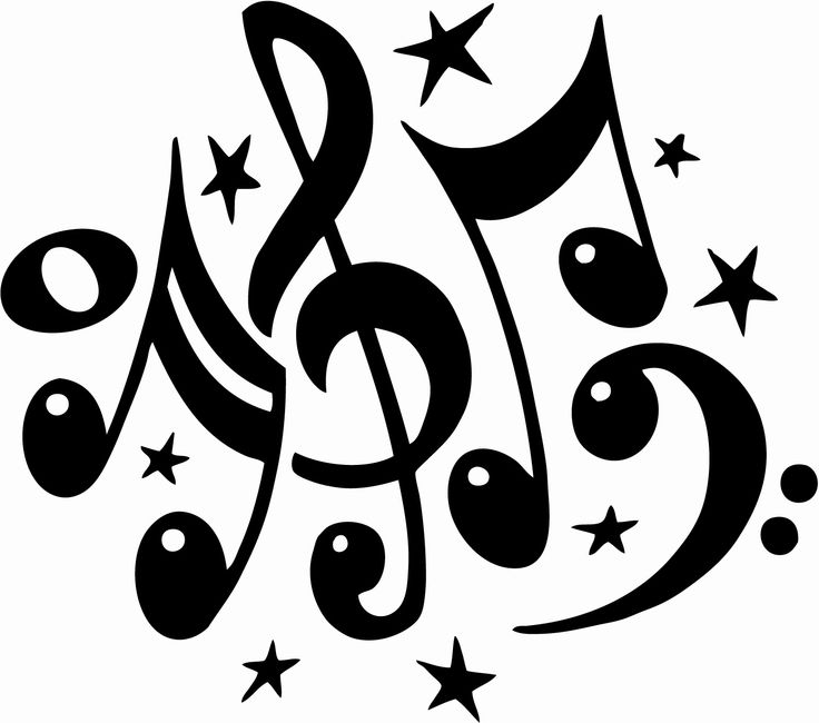 Black musical notes and stars on white background, stylized vector illustration for music themes.