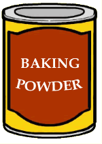 Illustration of a yellow can labeled "BAKING POWDER" with a red label and silver lid.