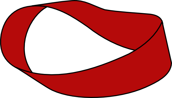 Red Möbius strip illustration showing a one-sided surface with continuous loop and twist.