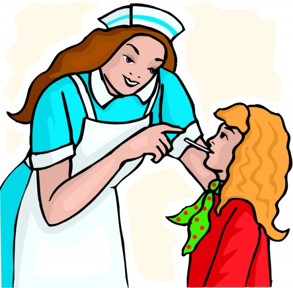 A nurse in a blue uniform and white apron gently administers medicine to a young girl with curly blonde hair.