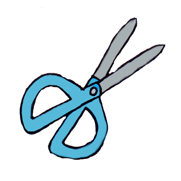 Blue-handled scissors with gray blades, open position, cartoon-style illustration.