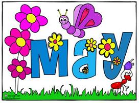 Colorful cartoon illustration of the word "MAY" with flowers, a butterfly, and a ladybug on grass.
