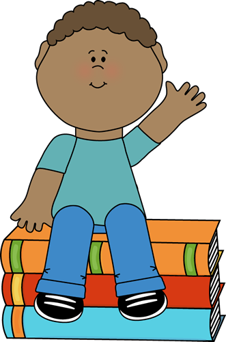 Boy Sitting on Books and Waving Clip Art 