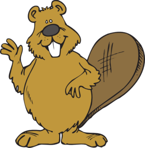 Friendly cartoon beaver waving with large tail and prominent teeth, smiling against white background.