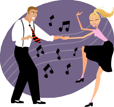 A cheerful cartoon couple dancing joyfully with musical notes swirling around them.