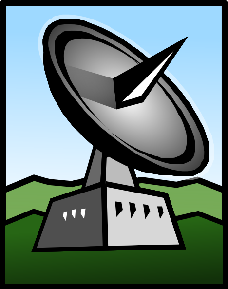 Illustration of a satellite dish on a concrete base against green hills and blue sky.