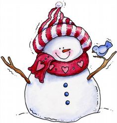 Cheerful snowman in red-and-white striped hat and heart-patterned scarf, with a blue bird on its stick arm.